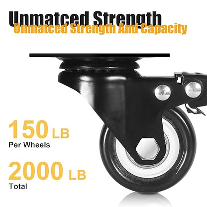 QNCZ Caster Wheels, 2" Caster Set of 4, Heavy Duty Casters and Silent Polyurethane Wheels, Swivel Plate Castor Wheels for Cart, Black, 4 Pack