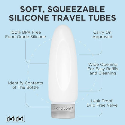 Dot&Dot Leak Proof TSA Approved Travel Bottles for Toiletries - 3oz Shampoo and Conditioner Travel Size Containers - Silicone With Labels