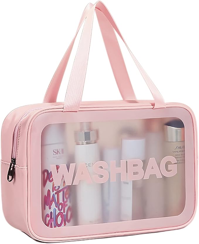 Travel Toiletry Bag for Women, Matte Translucent Toiletry Bag with Handy Handle, Makeup Cosmetic Organizer Bag for Travel Toiletries Accessories (Pink)