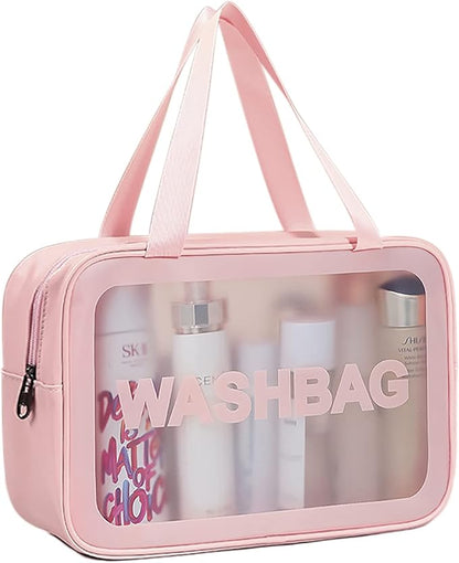 Travel Toiletry Bag for Women, Matte Translucent Toiletry Bag with Handy Handle, Makeup Cosmetic Organizer Bag for Travel Toiletries Accessories (Pink)
