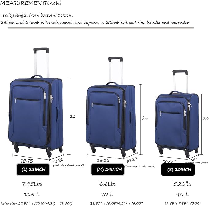 3pcs Set Softside Luggage Sets With Spinner Wheels, Expandable Softshell Suitcase Set with front pocket, 28inch, 24inch, 20inch Lightweight fabric luggage(BLUE)