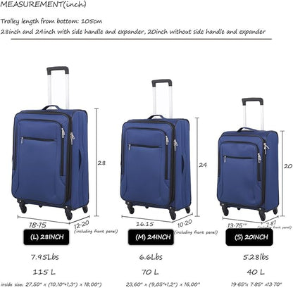 3pcs Set Softside Luggage Sets With Spinner Wheels, Expandable Softshell Suitcase Set with front pocket, 28inch, 24inch, 20inch Lightweight fabric luggage(BLUE)