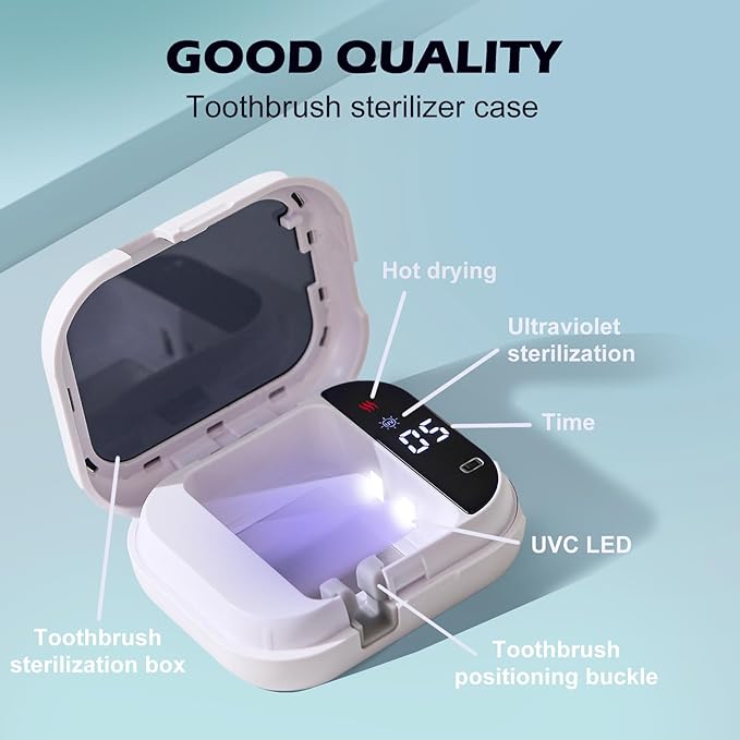 UV-C Toothbrush Cleaner, Portable Travel Cover for Manual/Electric Toothbrush, Magnetic Holder and Rechargeable Case for Any Size Toothbrush, White