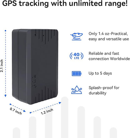 Mini GPS Tracker for Vehicles, Kids No Monthly Fee, No Subscription, 5-Days Battery Life, 4G SIM Card and Data Included, Trip History, GeoFence, Driving Alerts