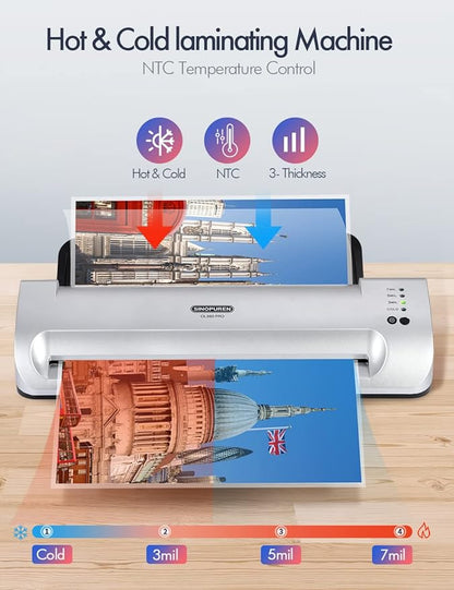 13-Inch Thermal & Cold Laminator Machine, Quick Warm-Up, 3 Temp Settings, Jam-Free ABS, Built-in Paper Trimmer & Corner Rounder, 10 Laminating Pouches, for Home Office School