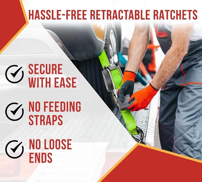 Mytee Products 4 Pack Retractable Ratchet Tie Down Straps w/S Hook - 1,500lb Break Strength Self Retracting Ratchet Straps for Haul Motorcycles, ATVs, Bikes, Trailer Tie-Down