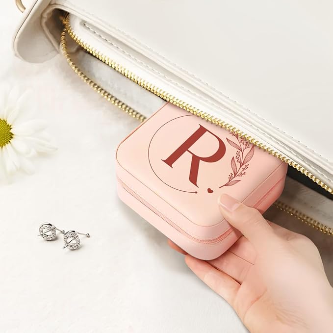SANDJEST Personalized Jewelry Box, Pink Small Travel Jewelry Box with Initial R, Monogrammed Jewelry Case Organizer for Girls Women Teen, Mini Travel Essentials Gifts for Christmas Birthday