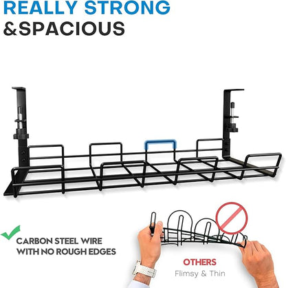 No Drill Under Desk Cable Management Tray, Desk Wire Management Cable Tray Sturdy Metal Wire Organizer Under Desk Basket for Office and Home Standing Desk -Black