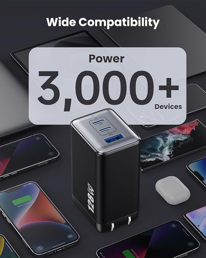 128W USB C Wall Charger,GaN III 3-Port Fast Charging Station,PD QC Foldable Charger Block Portable 65W Laptop Adapter for MacBook Pro/Air,iPad Pro,Galaxy S23,Dell XPS 13,iPhone 17/16/Pro etc