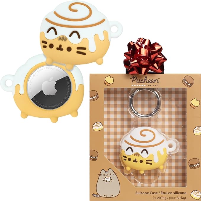 iFace x Pusheen Café Series Silicone Protective Cover [ Compatible with Apple AirTag][Cute Character Case] [Carabiner Keychain Clip Included] - Cinnamon Roll