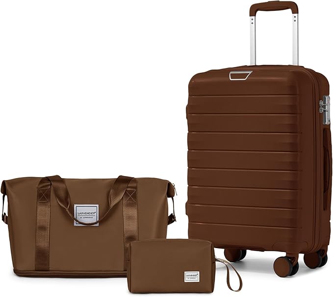 LARVENDER Luggage Sets 3 Piece, Hardside PP Carry On Suitcase with 360° Spinner Wheels TSA Lock Luggage Sets for Women, Maple