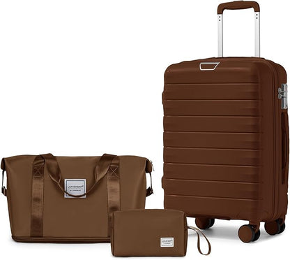 LARVENDER Luggage Sets 3 Piece, Hardside PP Carry On Suitcase with 360° Spinner Wheels TSA Lock Luggage Sets for Women, Maple