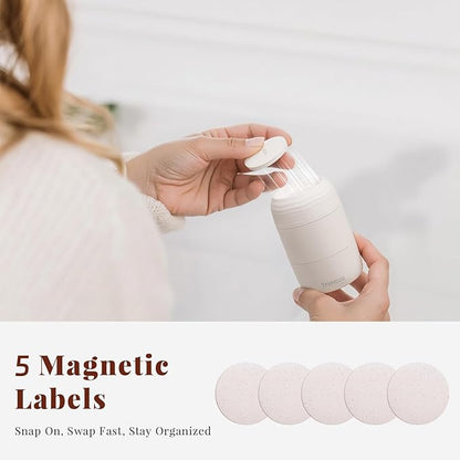 New Travel Toiletry Containers [Ultra Leakproof] TSA-Approved, PLA Hard Shell Jars with 5 Magnetic Labels, Wide Mouth Bottles for Lotion, Cleanser, Shampoo, Conditioner, Beige, 3 Pack, 2OZ