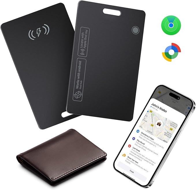 Tracking Card for Android & iOS, Ultra-Slim Rechargeable Find My Wallet Tracker Card for Luggage, ID Card, Passport - Both Works with Apple Find My & Google's Find Hub (Black, 2 Pack)