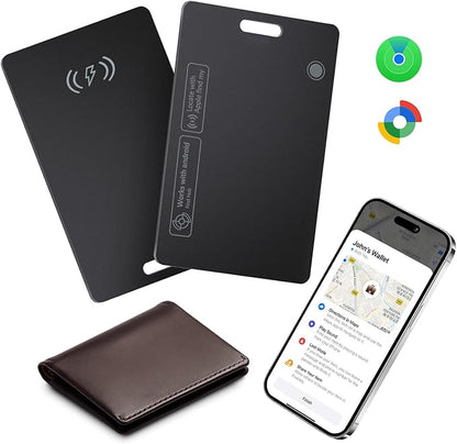 Tracking Card for Android & iOS, Ultra-Slim Rechargeable Find My Wallet Tracker Card for Luggage, ID Card, Passport - Both Works with Apple Find My & Google's Find Hub (Black, 2 Pack)