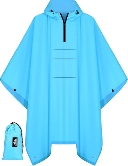 Bruvoalon 3-in-1 Rain Poncho with 1/4 Zip & Chest Pocket, Waterproof, Sunshade, Ground Mat for Adults & Youth Emergency