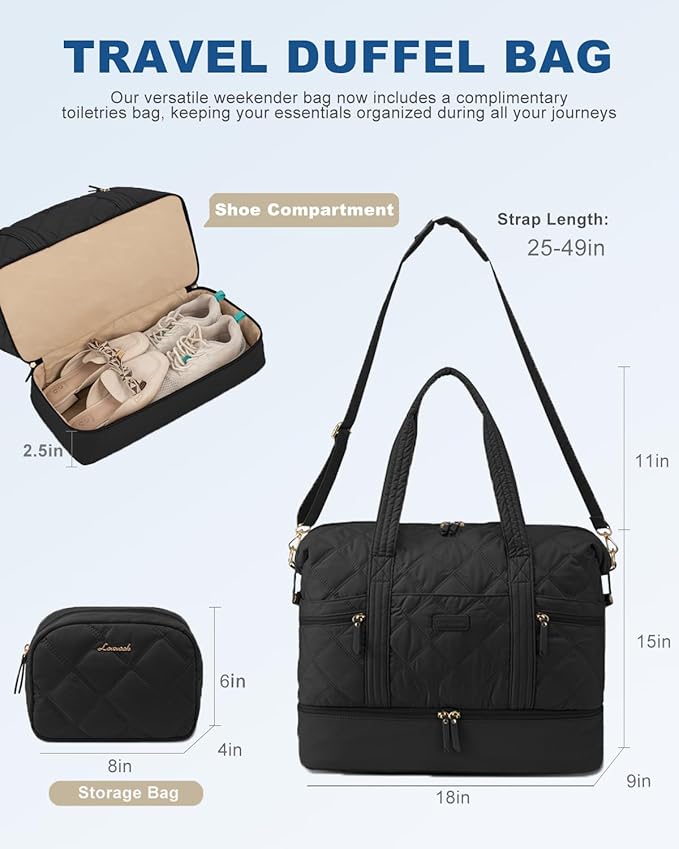 LOVEVOOK Travel Duffle Bag, Lightweight Weekender Bags for Women with Shoe Compartment, 40L Puffer Gym Bag Personal Item Travel Bag, Overnight Bags and Hospital Bag for Labor and Delivery, Black
