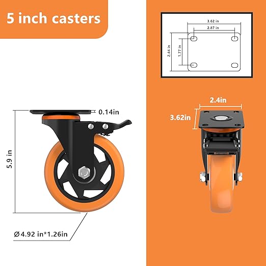 5 Inch Caster Wheels,Orange Casters Set of 4, Heavy Duty Casters with Brake 2200 Lbs, Locking Industrial Swivel Top Plate Casters Wheels for Furniture and Workbench Cart(Two Hardware Kits Include)