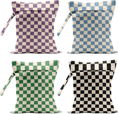 4 Pack Cute Wet Bag Waterproof Washable Reusable Wet Dry Bag for Swimsuit Dirty Clothes Diaper Travel Pool Yoga Gym Christmas Birthday Party Camping Toiletries Beach Essentials, Colorful Checkered