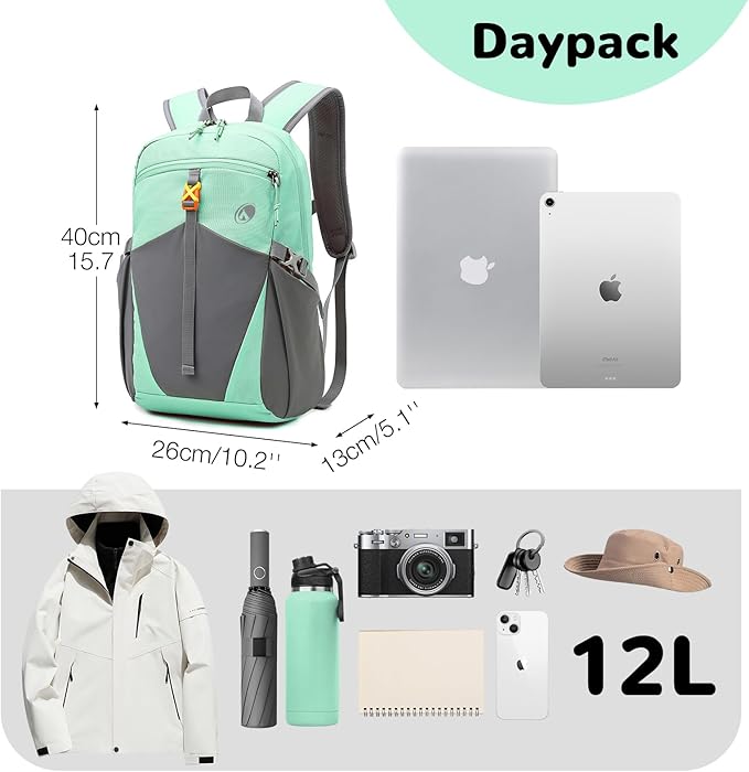 12L Mini Waterproof Hiking Backpack with Padded Strap for Kids, Small Lightweight Travel Backpack for Men Women, Light Green