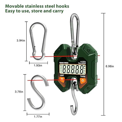 Digital Hanging Scale 660LB/300KG,Handheld Mini Crane Scale,Deer Hunting Scales,Digital Luggage Scale with Hooks for Farm，Fishing, Fish, Meat，Game,Outdoor.