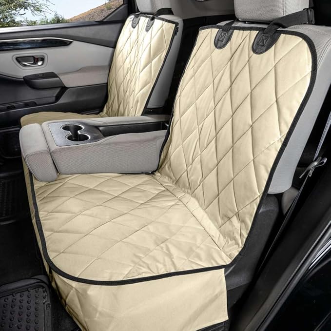 4Knines Dog Seat Cover for Back Seat, Heavy Duty Waterproof Rear Seat Protector for Small Trucks, SUVs, & Cars, Fits 60/40 Split Bench with Middle Seat Belt, Non-Slip Dog Backseat Cover (Regular, Tan)