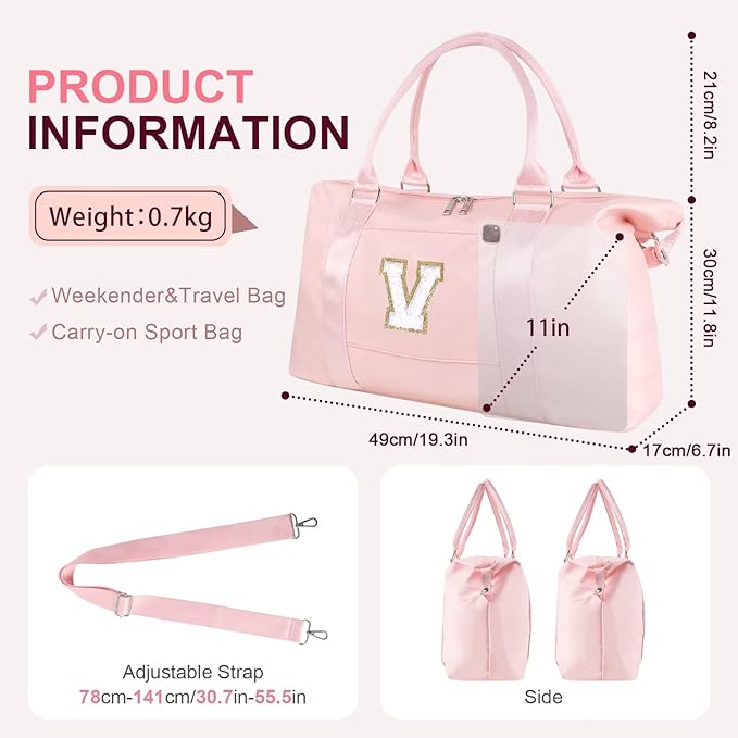 Dance Gym Duffel Bag for Teen Girls, Personalized Initial Travel Weekender Bag,Cute Overnight Carry On Duffle for Women,Sports Travel Cheer Bag,Monogram Christmas Gifts for Tween Preppy(pink-V)