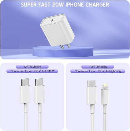 Extra Long 10FT iPhone Fast Charger,i Phone Charger Fast Charging【MFi Certified】2Pack 20W PD Fast USB C Charger Block + 10Foot i Phone Charging Cable Cord for iPhone 15/14/13/12/11/XS/XR/SE2022/8/iPad