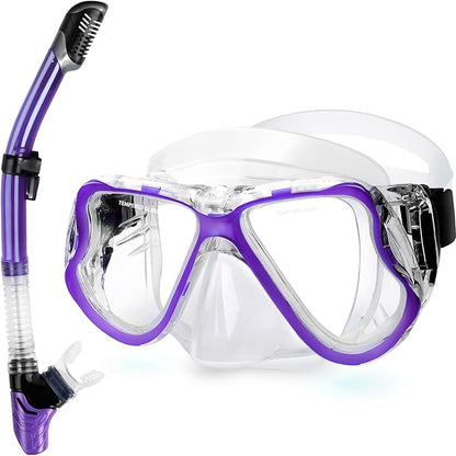 Greatever Dry Snorkel Set,Panoramic Wide View,Anti-Fog Scuba Diving Mask,Professional Snorkeling Gear