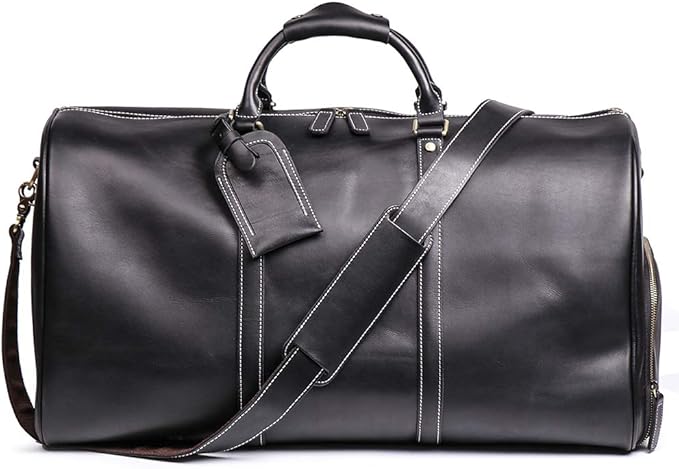 24 Inch Leather Travel Weekend Luggage Bag, Mens Duffle Retro Carry on Handbag (Black)