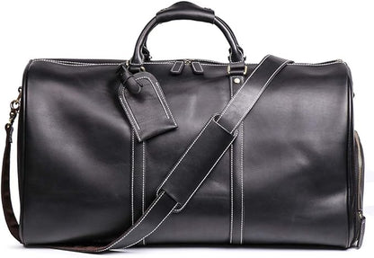 24 Inch Leather Travel Weekend Luggage Bag, Mens Duffle Retro Carry on Handbag (Black)
