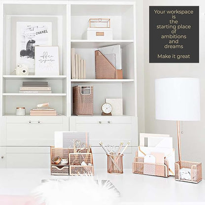 BLU MONACO Rose Gold Desk Organizer Set | 5-Piece Metal Desktop Organization Kit With File Holder, Magazine Rack, Pen Cup, Sticky Note Holder and Letter Sorter | Stylish Office Accessories