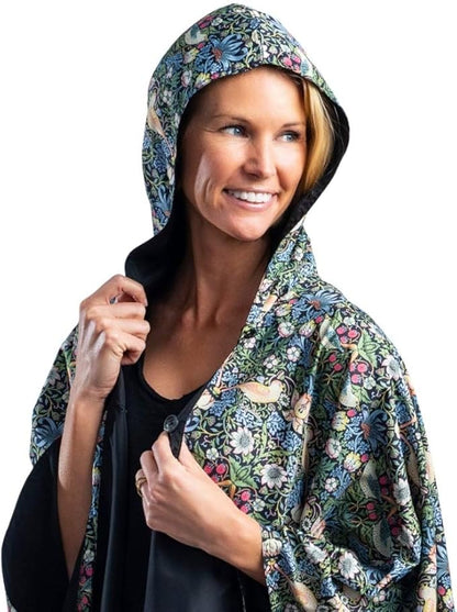 RainCaper Rain Poncho for Women - Reversible Rainproof Hooded Cape in Gorgeous Ultrasoft Colors (Black/Wm Morris Strawberry Thief)