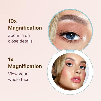 Fancii Taylor Rechargeable Compact Makeup Mirror with LED Lights, 10x /1x Magnifying, 3 Light Settings, Large 5” Wide | Travel Mirror for Purses (Soft Sky)