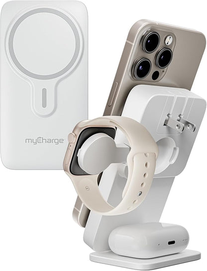 myCharge EcoHub 3-in-1 Magnetic Wireless Charger & Battery Pack for iPhone, iWatch, AirPods - 6,000mAh Battery | Built-in Wall Plug | 15W Magsafe Wireless Output | Foldable | Charging Station | Grey