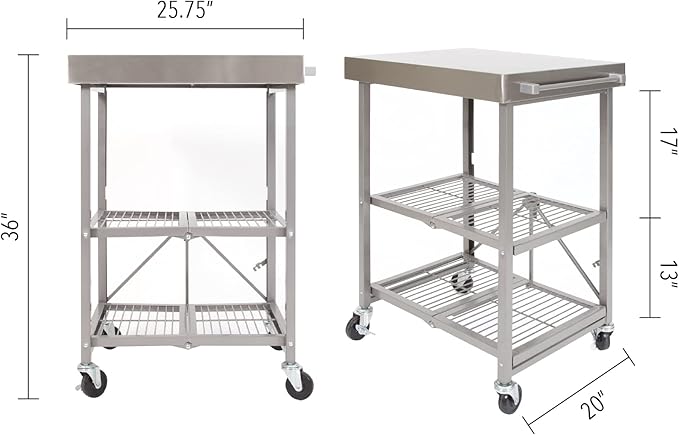 Origami RBT Foldable Kitchen Island Cart, Storage Table Organizer with Wheels, Silver