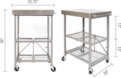 Origami RBT Foldable Kitchen Island Cart, Storage Table Organizer with Wheels, Silver