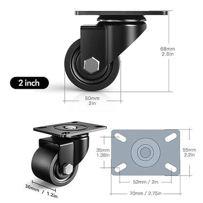 2 Inch Caster Wheels Set of 4, Heavy Duty Casters Load 2200lbs, Low Gravity Centere Industrial Swivel Casters, Plat Caster for Furniture and Workbench