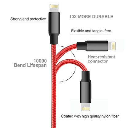 cugunu iPhone Charger, 5 Pack 3/3/6/6/10FT Apple MFi Certified USB Lightning Cable Nylon Braided Fast Charging Cord Compatible for iPhone 14/13/12/11/X/Max/8/7/6/5/SE/Plus/iPad - Red