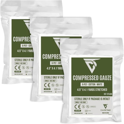 CareTac Sterile Compressed Gauze for Emergency Wound Dressing 4.5" x 12.3' – Z-Folded, Stretchable, Highly Absorbent, 100% Cotton for Wound Packing, Bleed Stop, IFAK, Tactical First Aid, Trauma Kit