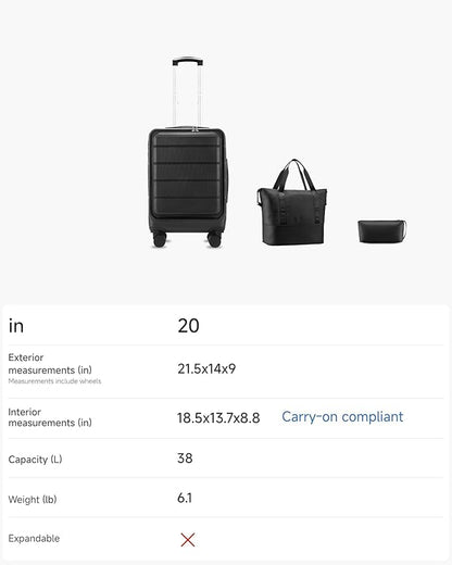 Carry On Luggage with Laptop Compartment, H1F 22x14x9 Airline Approved Front Pocket Hardside Suitcase with Spinner Wheels, TSA Lock, Includes Tote Bag（FX-Lite,Beige,3 Piece Sets）