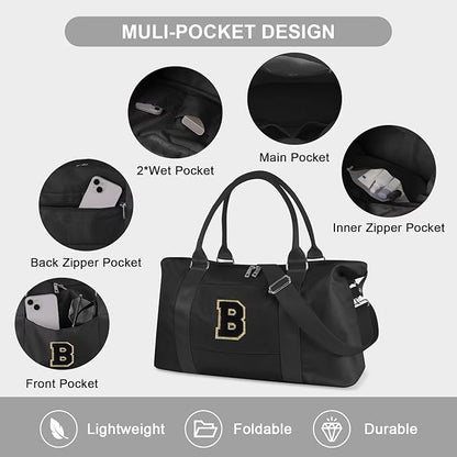 Dance Gym Duffel Bag for Teen Girls, Personalized Initial Travel Weekender Bag,Cute Overnight Carry On Duffle for Women,Sports Travel Cheer Bag,Monogram Christmas Gifts for Tween Preppy(black-B)