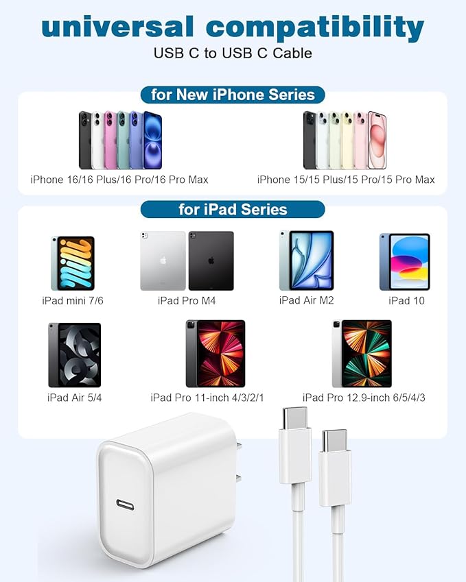 Fast Charger for iPhone 16/15 Charger,iPhone 16/15 ChargerFast Charging Type C USB C Wall ChargerBlock Adapter 10FT USB C Charging Cable Cord for Apple iPhone 16 15 Pro Max/15 Plus/iPad Pro/Air/Mini