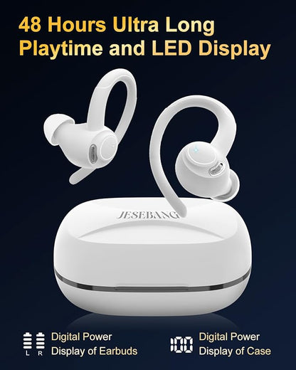 Wireless Earbuds, Bluetooth 5.4 Headphones Sport, Over Ear Buds With ENC Noise Cancelling Mic, 48H, Wireless Earphone With Earhooks, Stereo Deep Bass, IP7 Waterproof ear bud for Workout Running, White