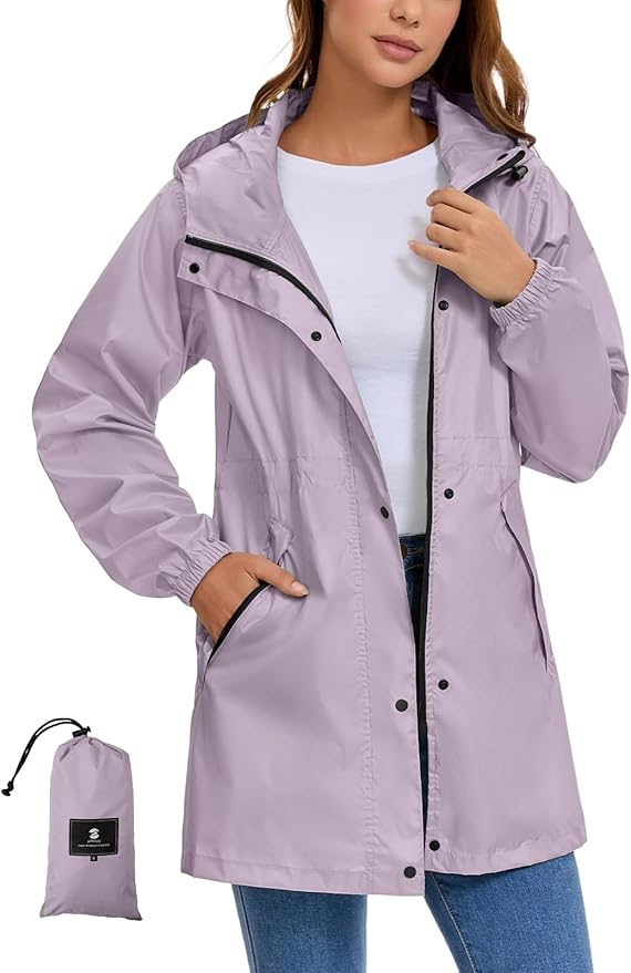SaphiRose Women's Lightweight Long Rain Jacket Packable Raincoat Hooded Outdoor Trench Coats