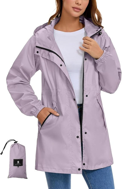 SaphiRose Women's Lightweight Long Rain Jacket Packable Raincoat Hooded Outdoor Trench Coats