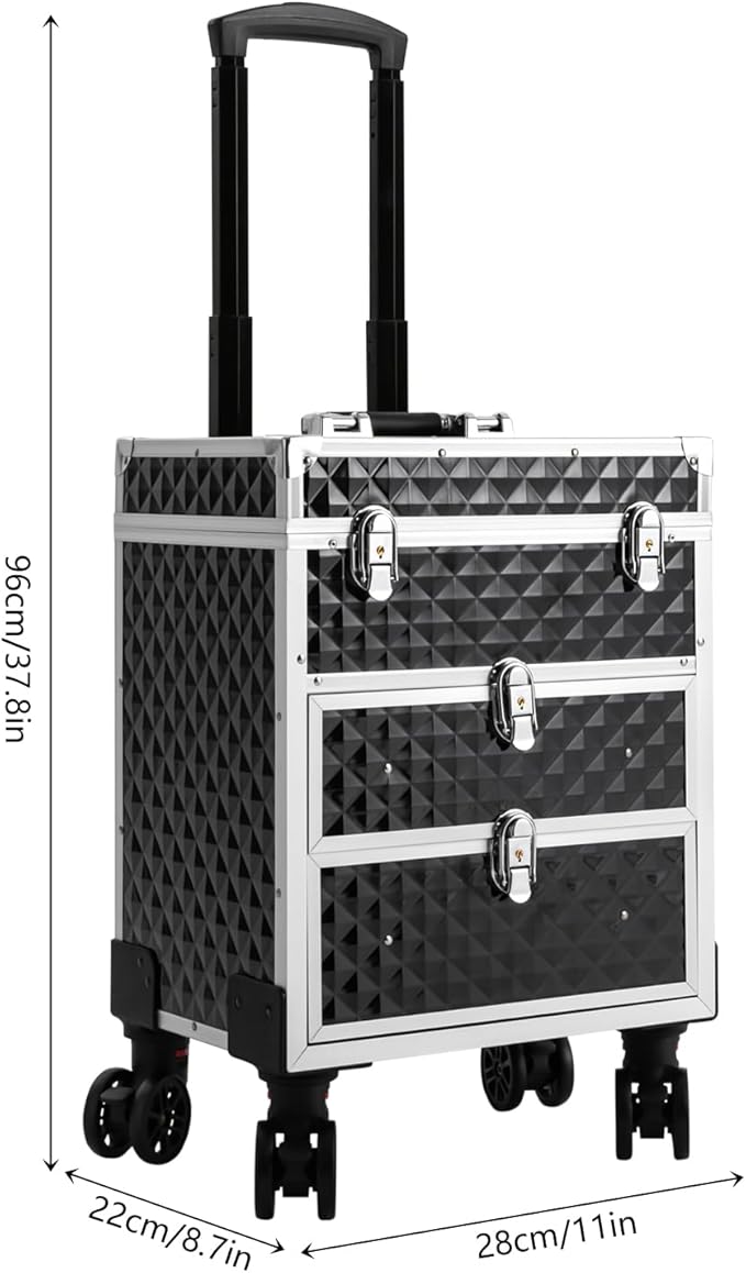 Aluminum Rolling Makeup Train Case, Portable Lockable Makeup Organizer Suitcase, Stylist Cosmetic Luggage Travel Trolley w/4 Removable Wheels & 2 Sliding Drawers