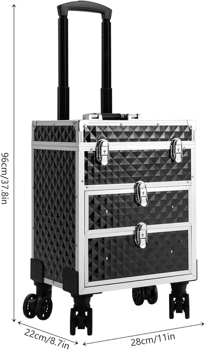 Aluminum Rolling Makeup Train Case, Portable Lockable Makeup Organizer Suitcase, Stylist Cosmetic Luggage Travel Trolley w/4 Removable Wheels & 2 Sliding Drawers