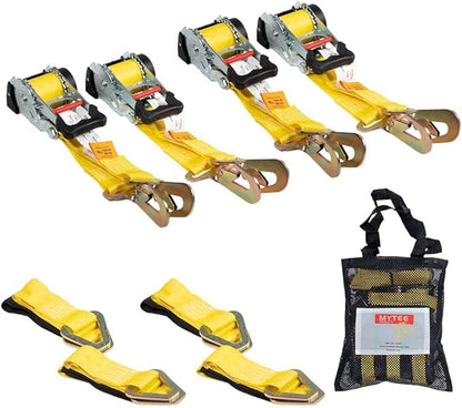 Mytee Products 4Pack 1''x12' Retractable Ratchet Straps Kit w/Snap Hook, Axle Straps w/Delta Ring, Protective Sleeve, Storage Bag - Self Ratcheting Tie Down Strap w/500 lbs WLL for Boat, Jet Ski, ATV