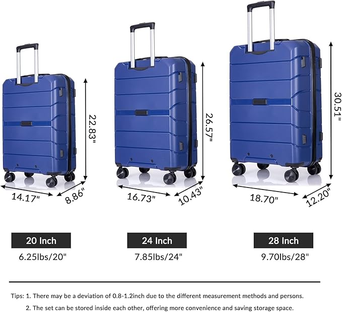 Luggage Sets Wear-Resistance Hardside Lightweight Suitcase Double Spinner Wheels, TSA Lock,Two Hooks, Scratch-resistant Carry-on,3 Piece Set(20inch 24inch 28inch) (Blue)